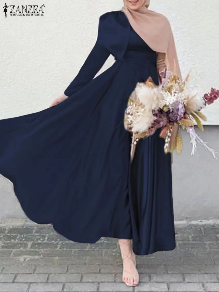 

ZANZEA Fashion Autumn Women Dubai Turkey Hijab Sundress Robe Femme Islamic Casual Long Sleeve Satin Vestidos Muslim Abaya Dress