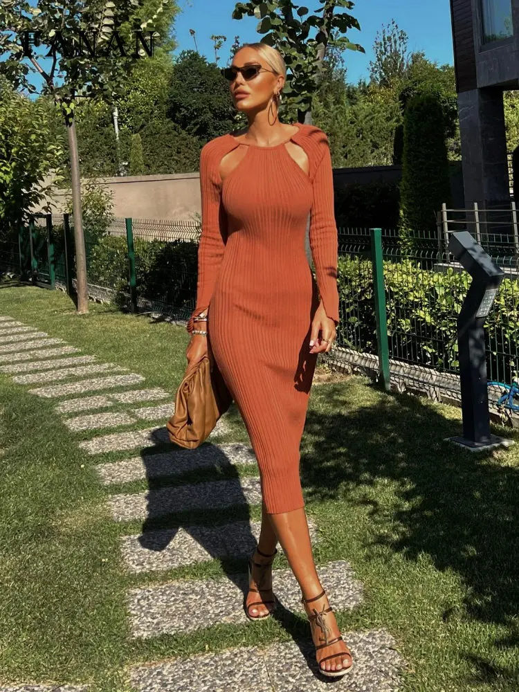 

Women Knitted Dress Winter Clothes Elegant Chic Long Sleeve Slim Sweater Dresses Fashion Hollow Out Solid Casual Maxi Dress 2022