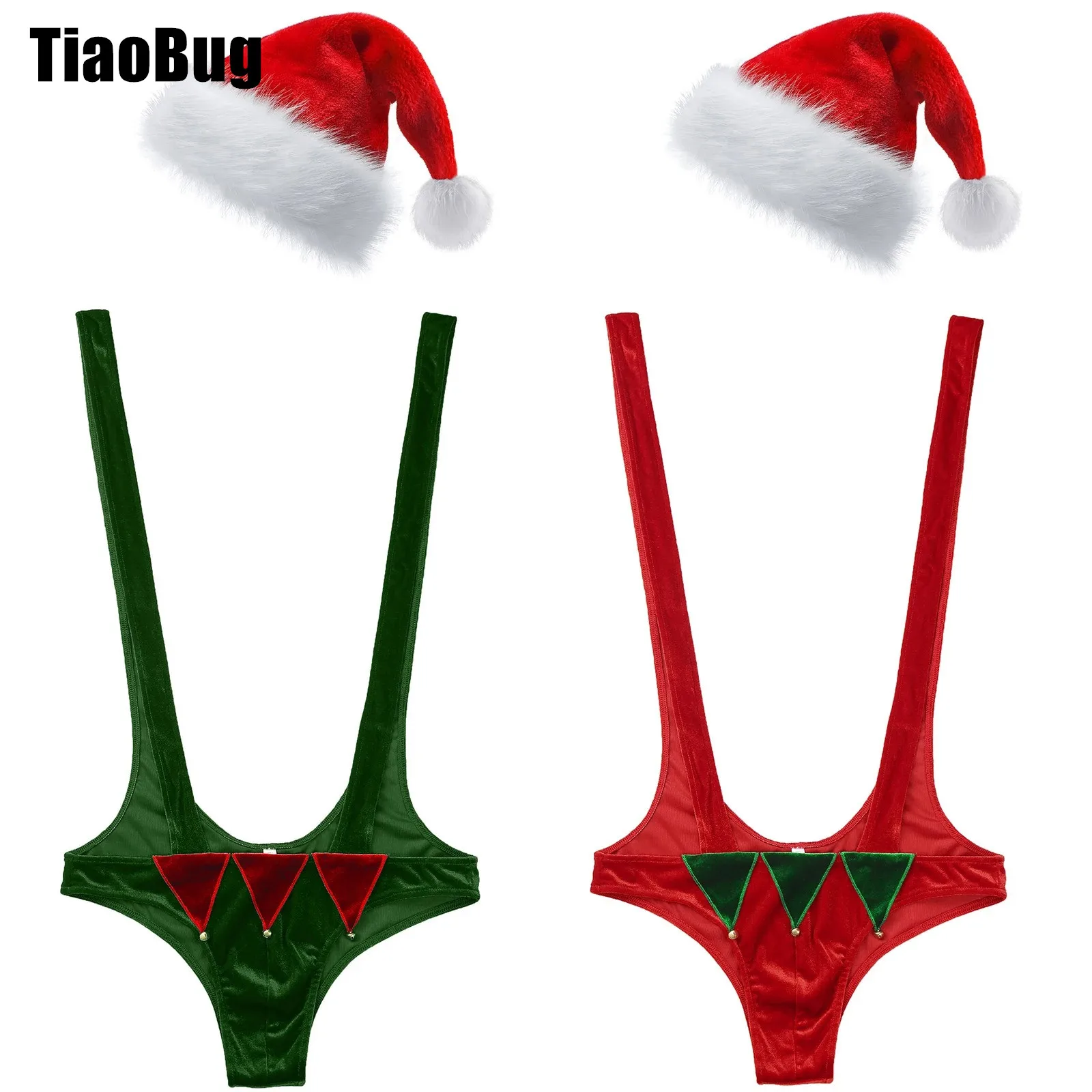 

Mens Christmas Lingerie Costume Set Sleeveless Jagged Adorned Mankini Bodysuit Underwear with Hat for Club Nightwear Sleepwear