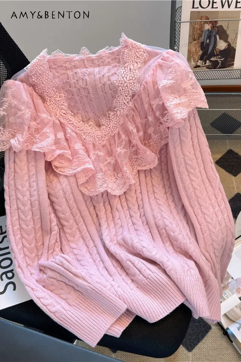 

Autumn and Winter New Lace Stitching Cable-Knit Bottoming Sweater Women's High Sense Fashionable Sweet V-neck Knitted Pullover