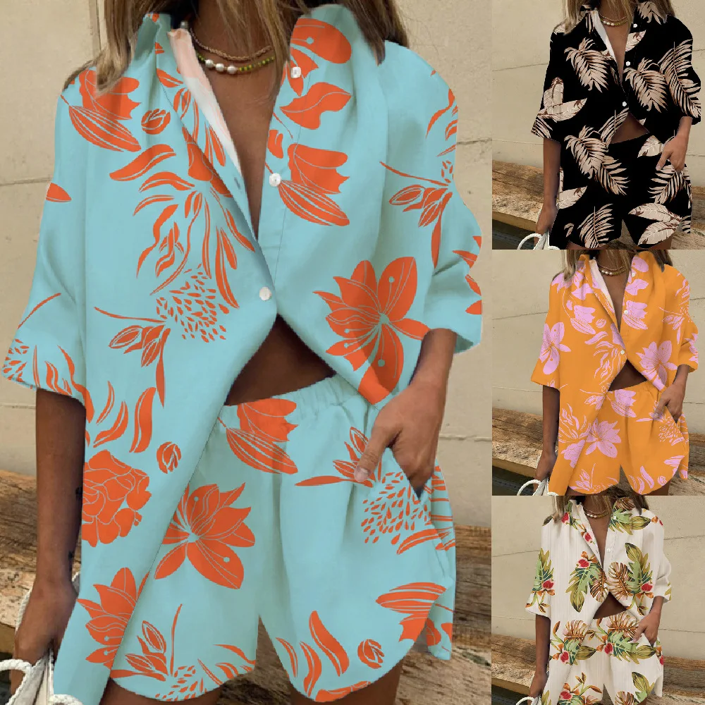 

2023 Summer New Women's Fashion Versatile Bohemian Short Sleeve Shorts Two Piece Loose Casual Print Beach Resort Set