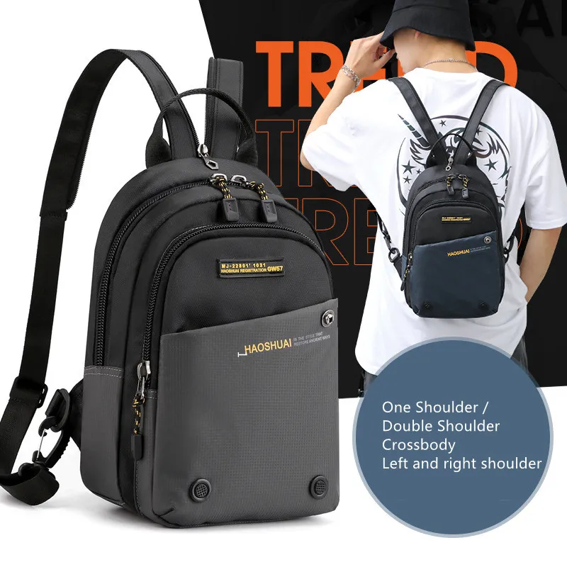 Solid Color Waterproof Nylon Fabric Multifunctional Men's Chest Bag Ultralight Backpack Casual Fashion Double Zipper Men's Bags
