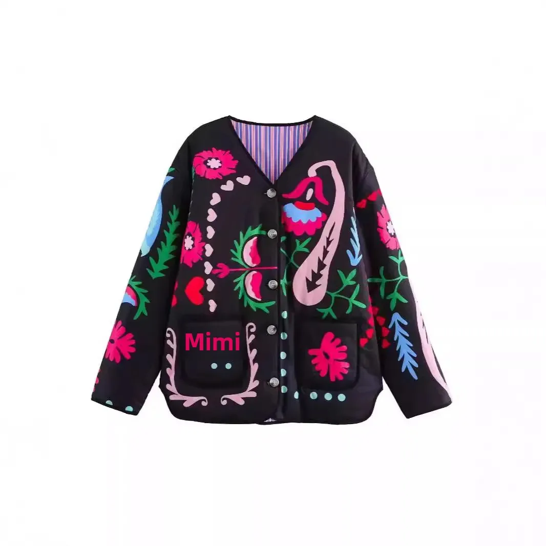 2024 новый стиль свободный крой хлопковое пальто с круглым вырезом и принтом