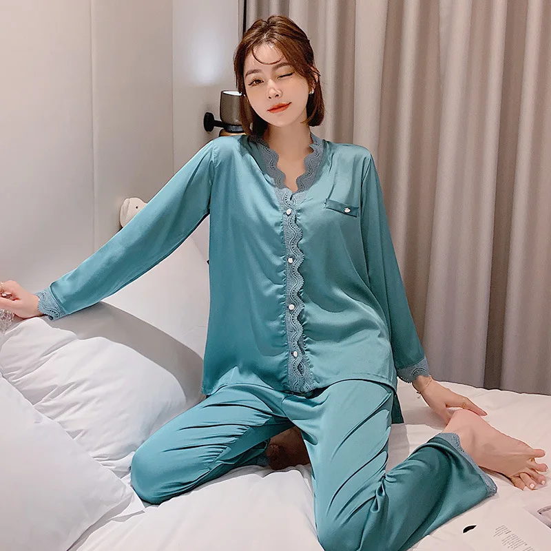 Women's Pajamas Summer Silk Ice Thin Sexy Ins Princess Style Long Sleeve Two-Piece Set Artificial Silk Homewear