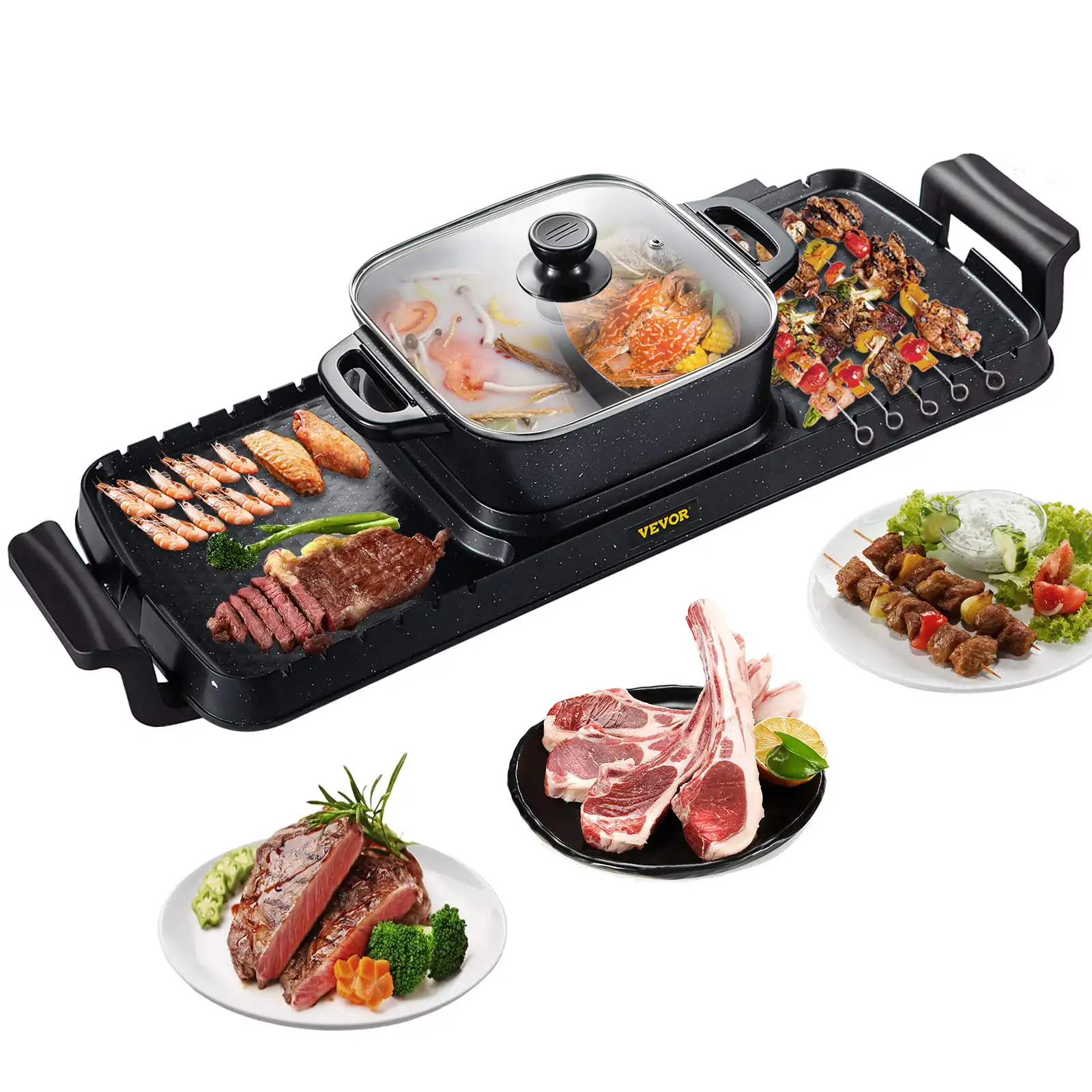 2 in 1 Electric Grill and Hot Pot  2400W BBQ Pan Grill and Hot Pot  Multifunctional Teppanyaki Grill Pot with Dual Temp Control
