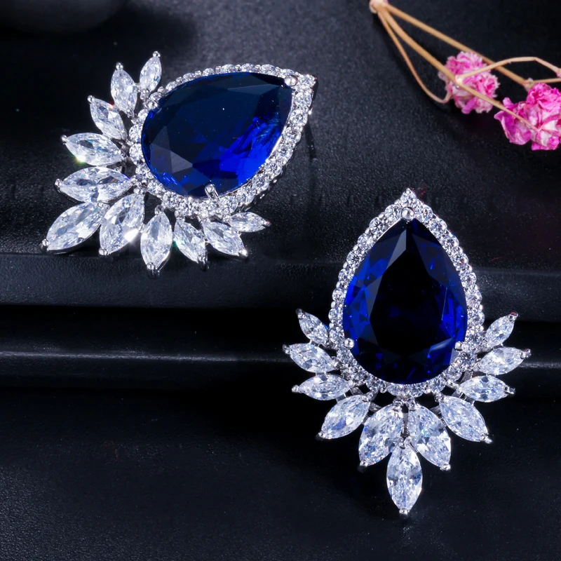 

ThreeGraces New Trendy Blue Cubic Zirconia Stone Big Water Drop CZ Stud Earrings for Brides Fashion Wedding Party Jewelry E1173