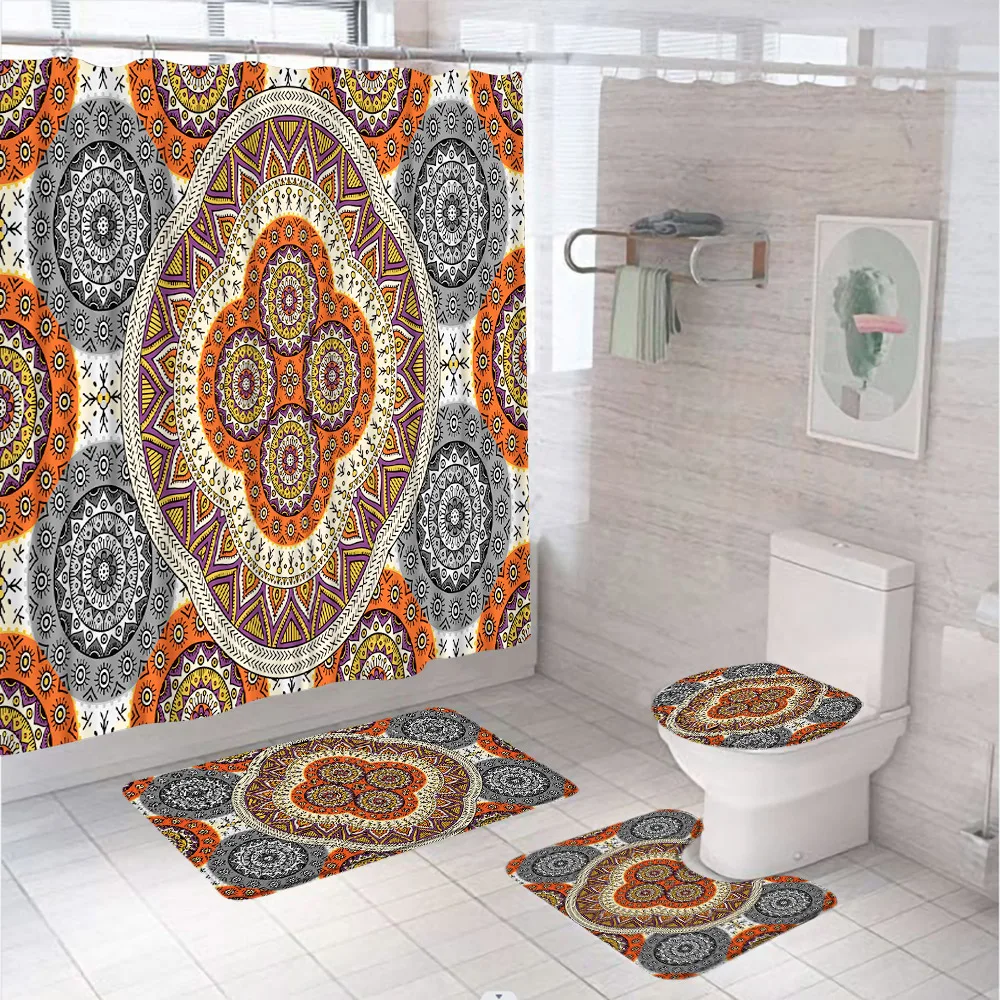 

Colorful Mandala Bathroom Curtains Floral Bohemia Waterproof Shower Curtain Sets Non-Slip Bath Mats Rug Toilet Cover Home Decor