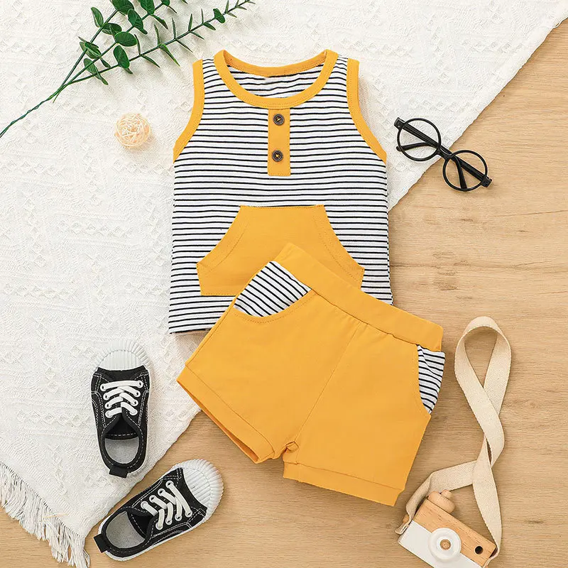 

Newborn Baby Boys Clothes Infant Summer Suit Cotton Striped Vest with Pocket Solid Shorts Kids Casual Clothing Toddler Outfits
