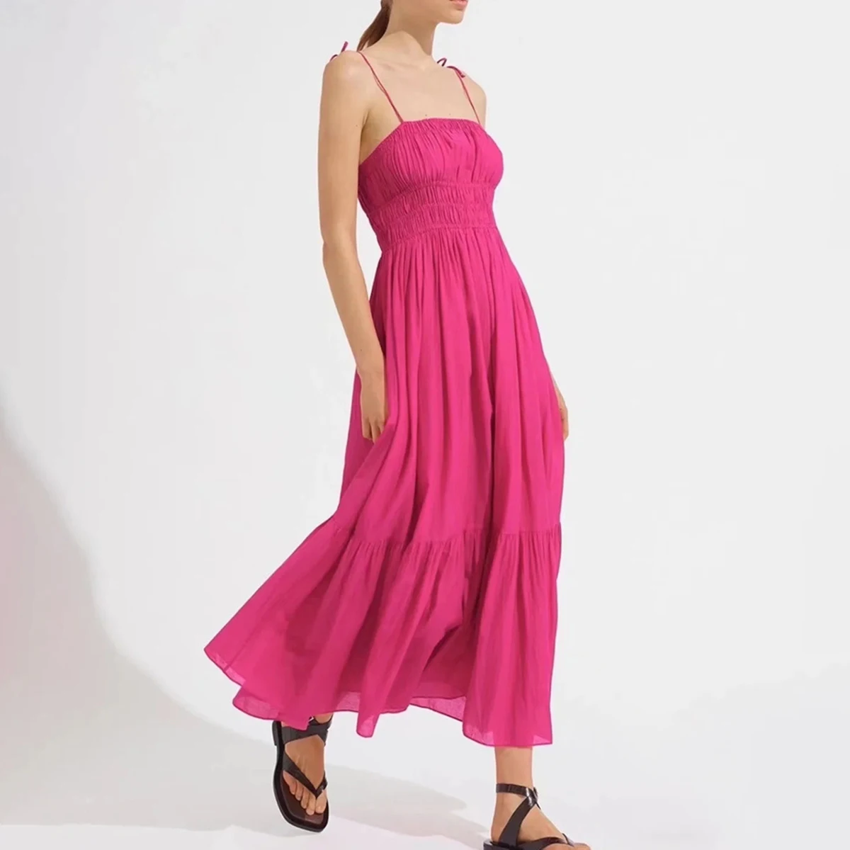 

Jastie 2022 New Tank Strap Long Dress Women Rose Red Elastic Waist Pleated Hem Casual Dresses Belt Backless Holiday Vestidos