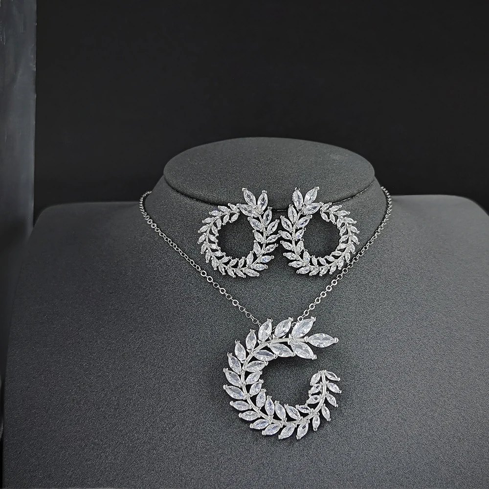 

2pcs Pack Fashion Women Costume Jewelry Sparkly Olive Branch Marquise Cut Cubic Zirconia Pendant Necklace And Earring Sets J5208