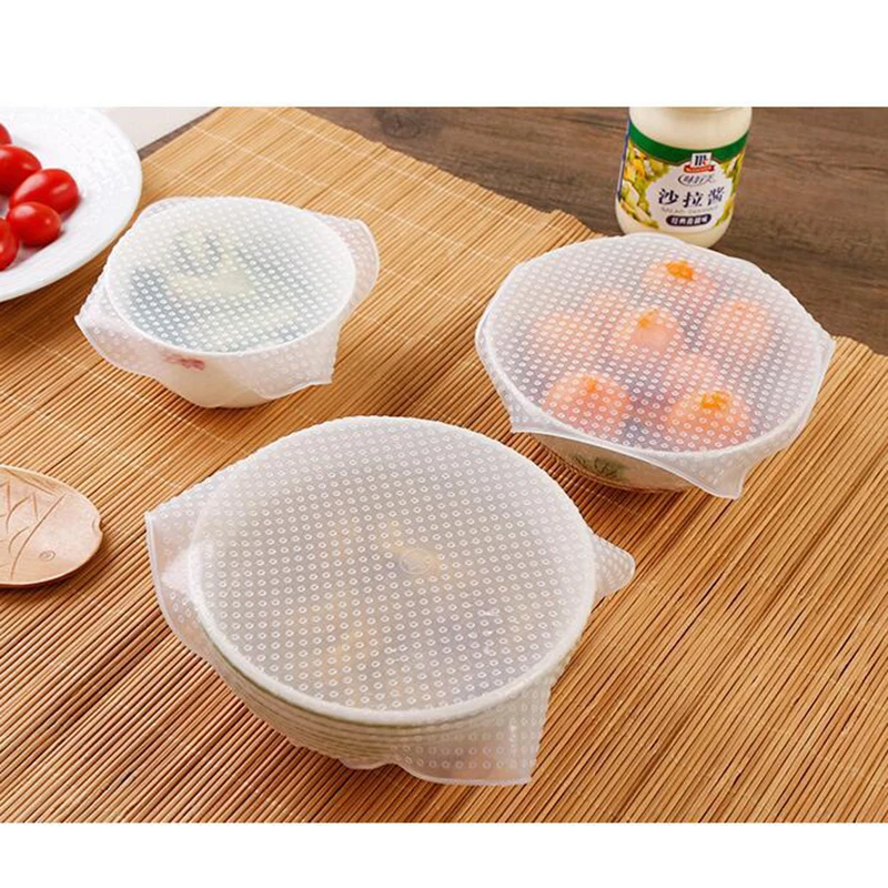 

4pcs/set Plastic Silicone Food Bag Wraps Seal Cover Reusable Vacuum Lid Stretch And Fresh Bees Wax Wrap Environmentally Friendly