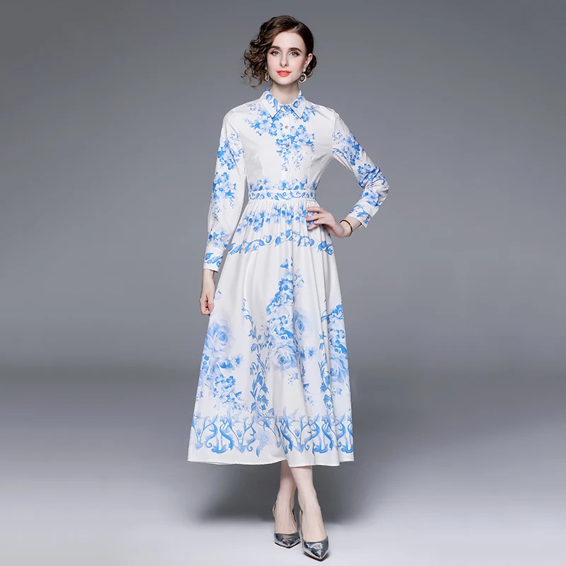 

Женское платье с отложным воротником, повседневное праздничное платье с сине-белым фарфоровым принтом, длинным рукавом-фонариком и цветочн...