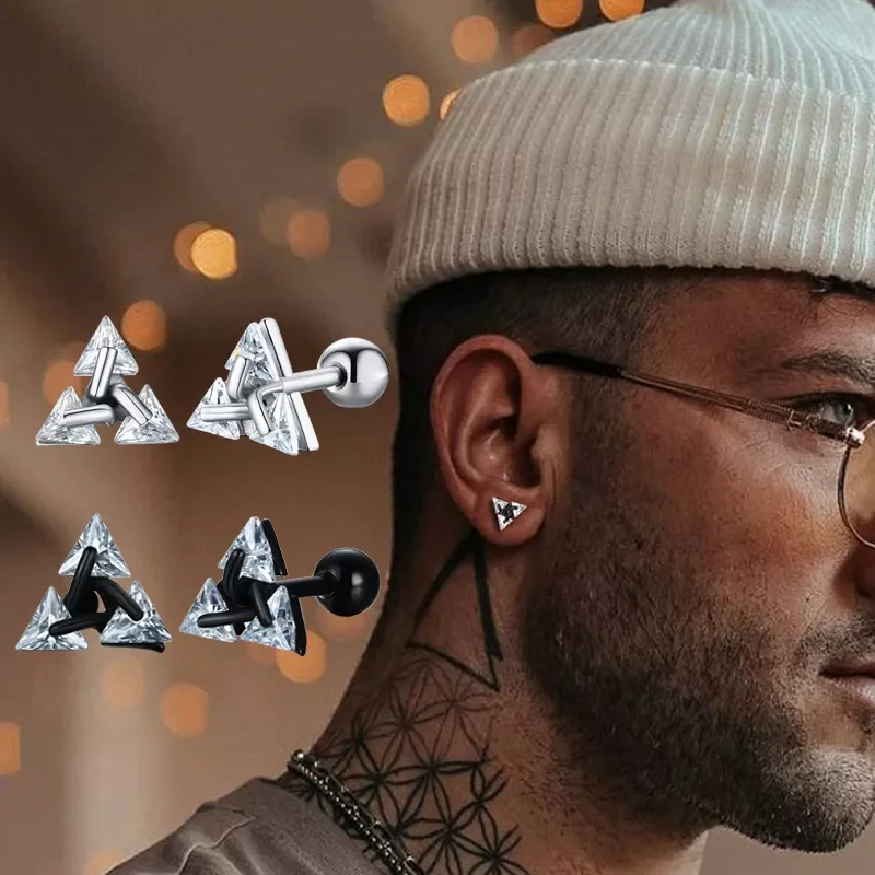 

Men Stud Earring ,Triangle Pierced Crystal Zircon Stud Earrings,Stainless Steel Tiny Minimalist Studs for Mens Women Jewelry