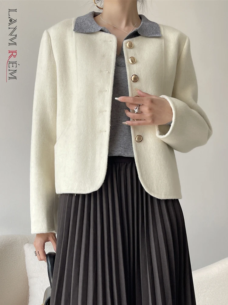 

[LANMREM] Woolen Short Coats For Women Round Neck Long Sleeve Single Breasted Korean Style Fashion Tops Femael 2023 Winter New 2