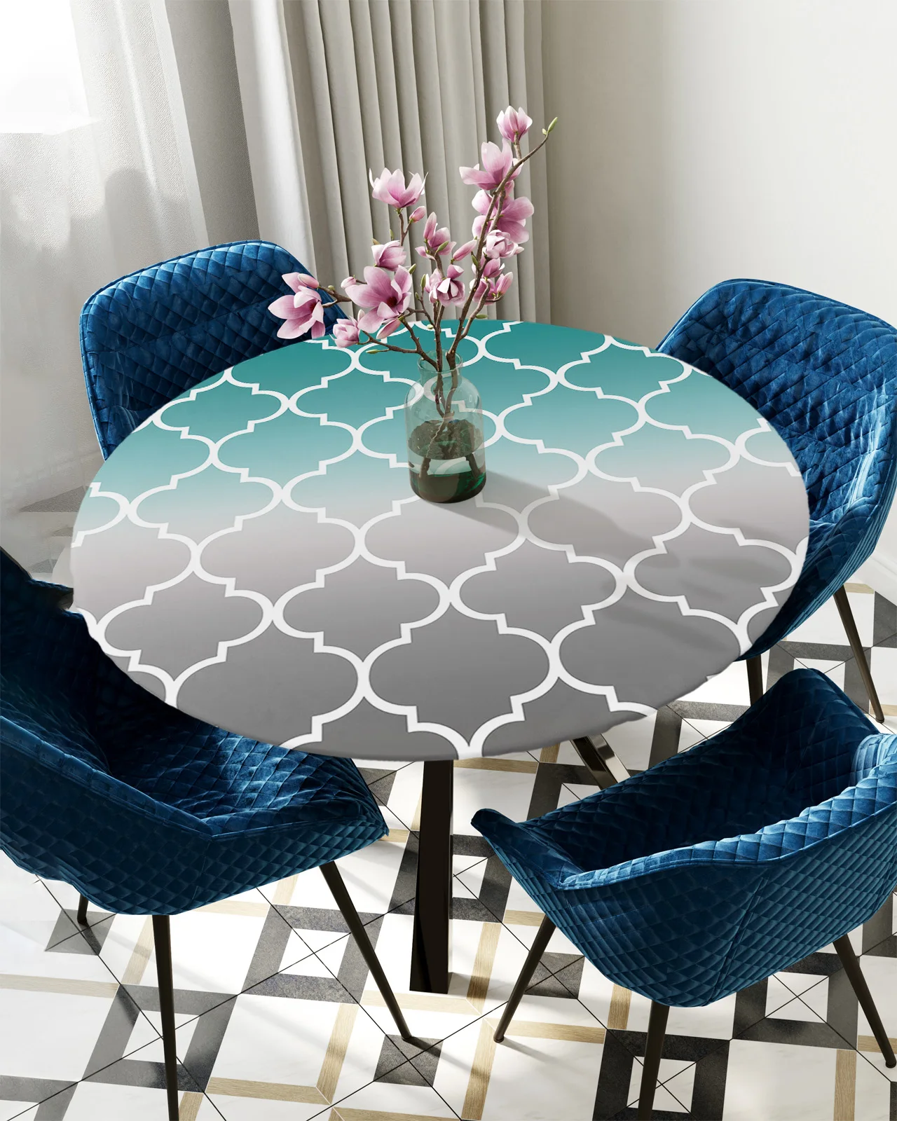 

Moroccan Turquoise Gray Gradient Round Rectangular Table Cover Waterproof Elastic Tablecloth For Kitchen Table Cloth Home Decor