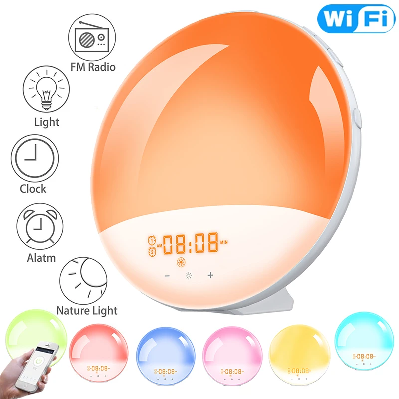 Dual Alarms Multifunction Night Lamp With 7 Colors Sunlight Simulation Fm Radio With Alexa Google