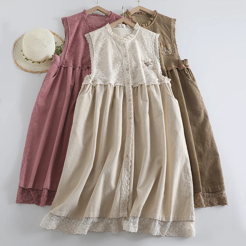 

Осеннее Новое милое кружевное платье из вельвета, женское однобортное платье без рукавов 823-56