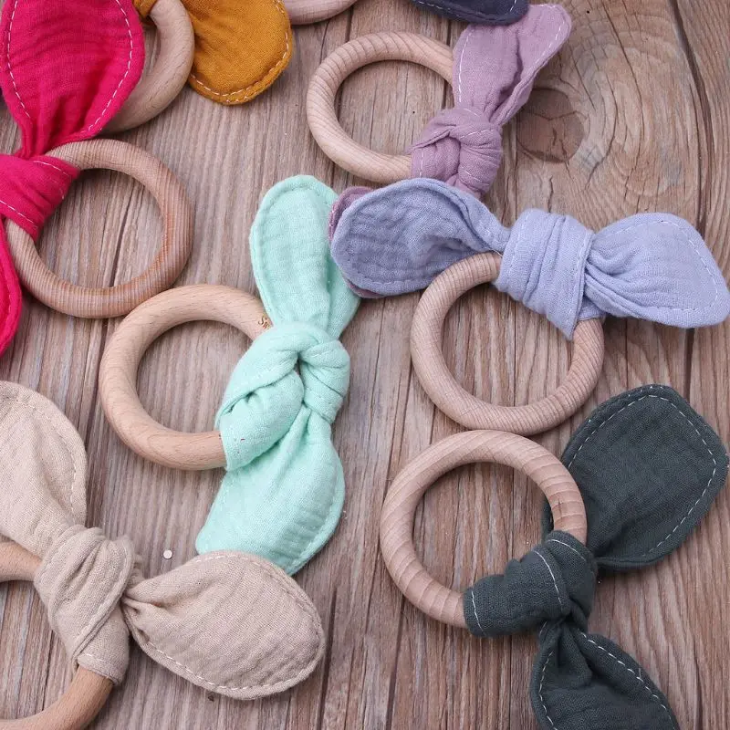 

Bunny Ear Baby Teething Ring Safe Organic Wooden Ring Nursing Training Newborns Toy Baby Teethers klips do smoczka clips sucette