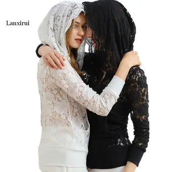Spring Summer New Women Lace Floral Hoodies Hollow Out Sexy Zip-up Hooded Sweatshirts Female Club Party Sheer Pocket Top 1
