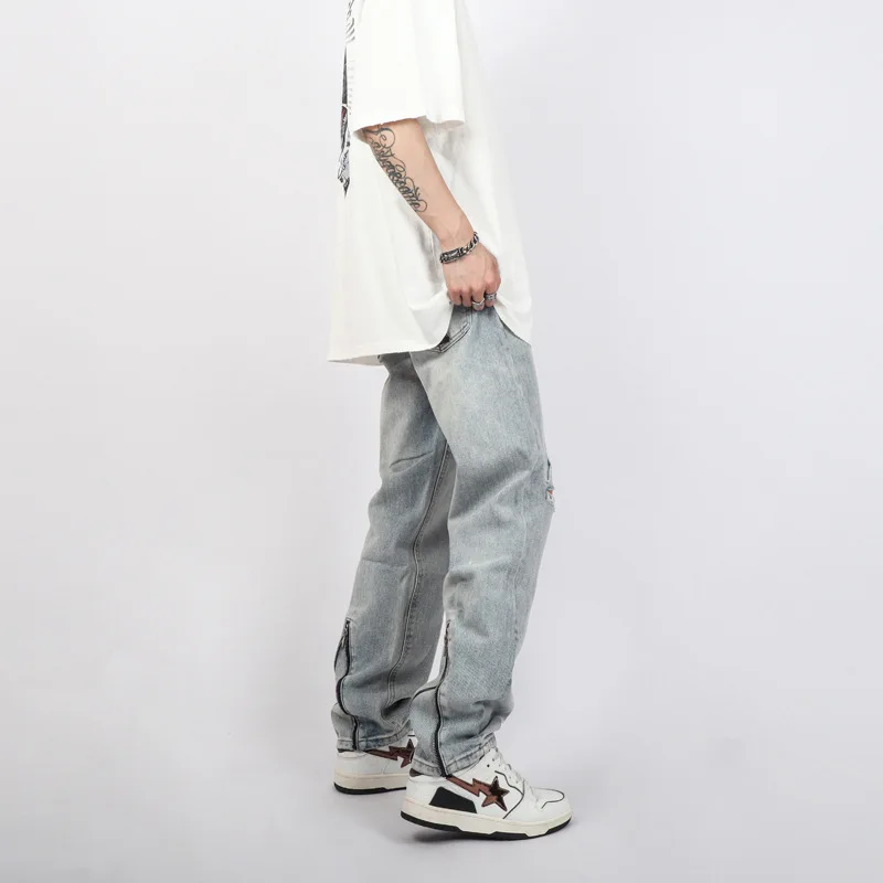 Men's Jeans High Street Trousers Zipper Design Ripped Jeans Men's Casual Loose Trousers Y2K Pants Ins Hot Sale Boyfriend Jeans