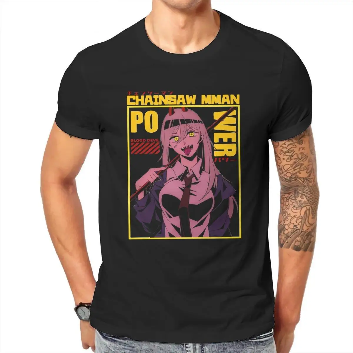 Power Chainsaw Man  T Shirts for Men Cotton Funny T-Shirts Round Neck  Tee Shirt Short Sleeve Tops Classic