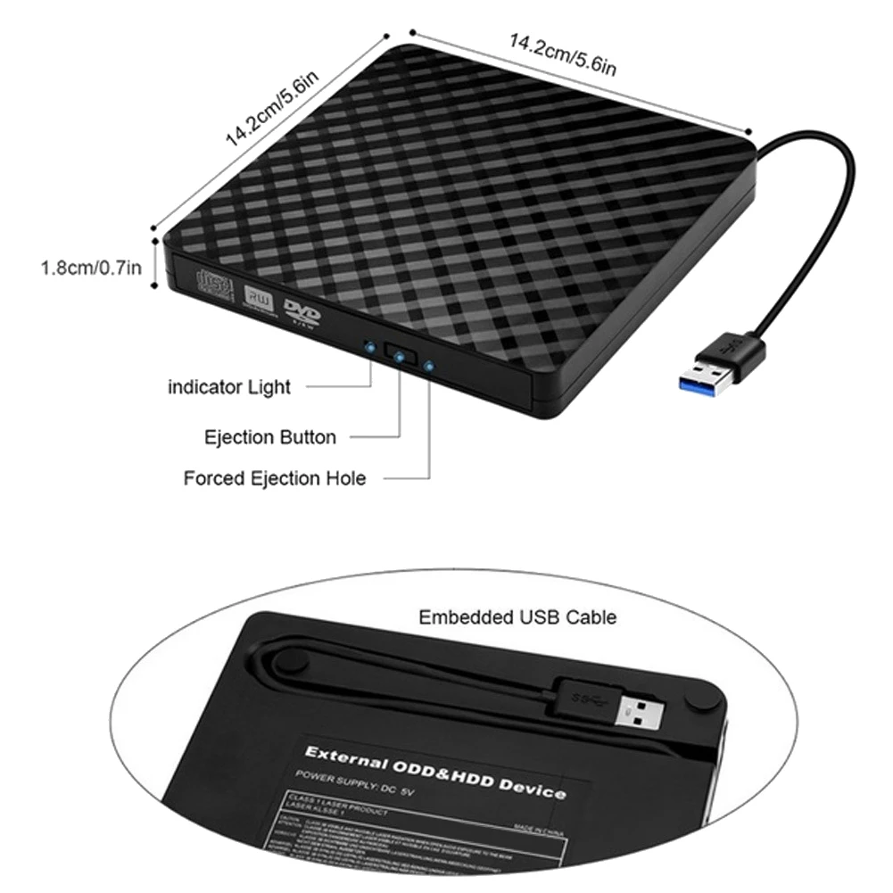 

External CD DVD Drive, USB 3.0 and Type-C Portable CD DVD +/-Rw Drive Reader, DVD/CD ROM Burner Rewriter, DVD Drive