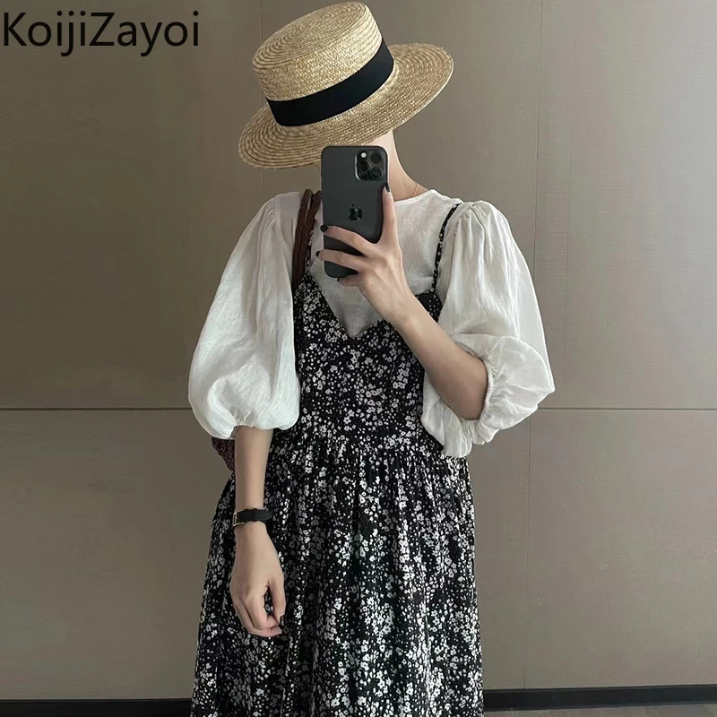 

Koijizayoi Casual Women Retro Dress Two Pieces Set White Short Sleeves Shirt Loose Long Floral Dress Chic Outfits Korean Suit