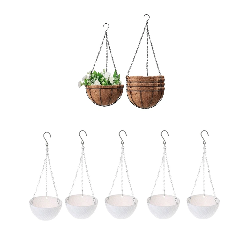 5PCS Metal Hanging Flower Basket With Coco Coconut Shell With 5Pcs Round Plastic Hanging Basket Flower Pot