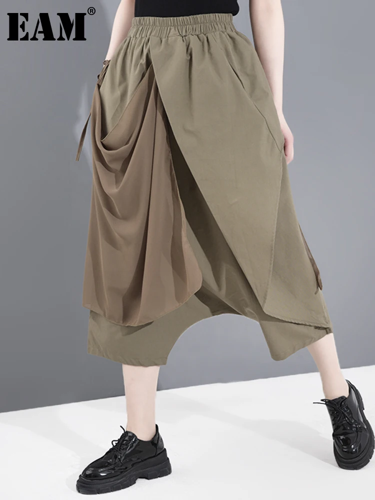 

[EAM] High Elastic Waist Khaki Chiffon Split Harem Trousers New Loose Fit Pants Women Fashion Tide Spring Summer 2022 JF89701