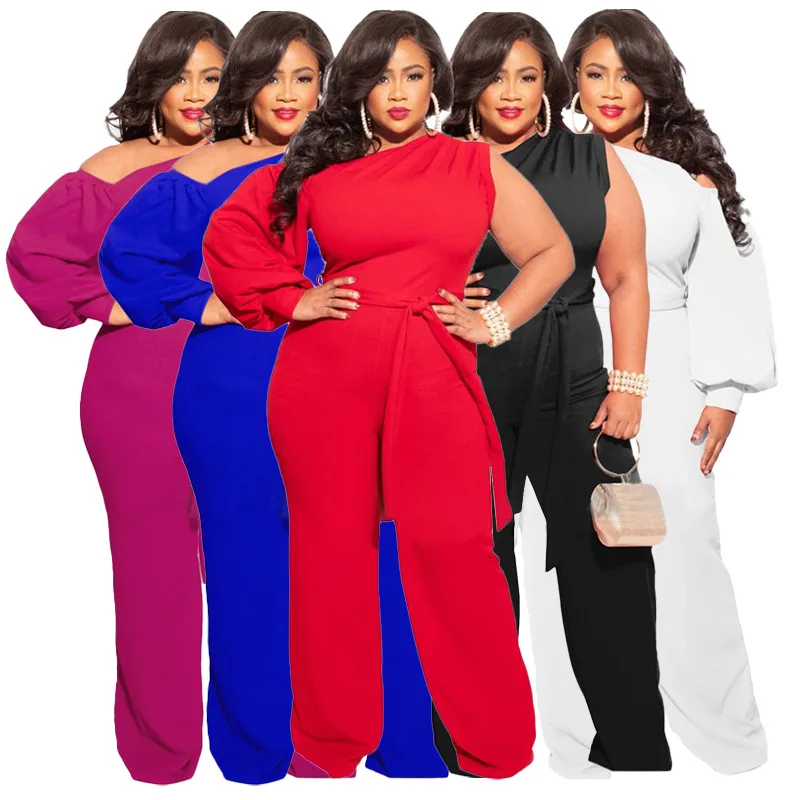 Plus Size Office Lady Jumpsuit for Women One Shoulder Lace Up Wide Leg Pants One Piece Elegant Night Party Club Romper 2022 Wear