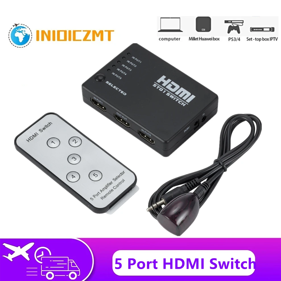 

HDMI Switch 5 In 1 HDMI Splitter 1080p Selector Splitter Hub with IR Remote Control for HDTV Xbox HDMI Switcher PS4 Xbox Blu-Ray