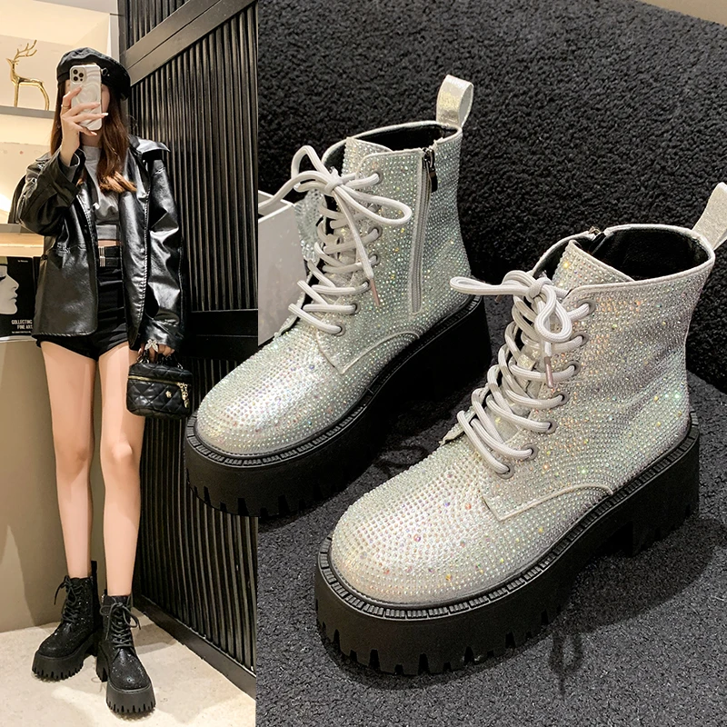 

2023 Autumn and Winter New Fashion British Style Full Drill Short Boots Women's Casual All Platform Big Head Martens Boots