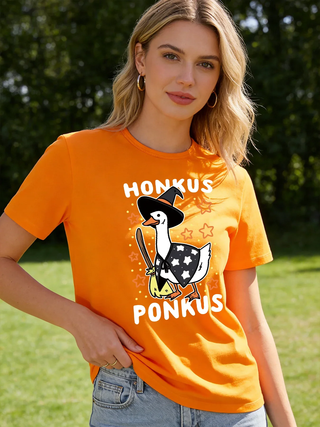 Фото Женская футболка Honkus Ponkus Goose Witch, весенне-летняя повседневная футболка с круглым вырезом и короткими рукавами, с милым забавным рисунком животных №3