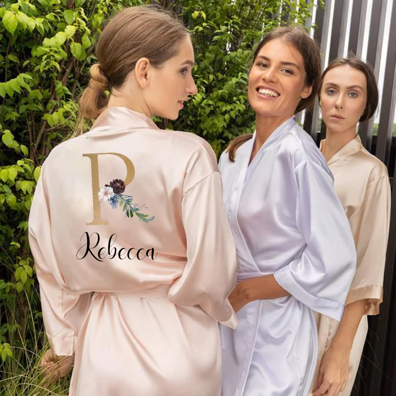 Women Satin Sleepwear bathrobe Kimono Robe  Flower Print  Wedding Party Bride  Bridesmaid Robes gift