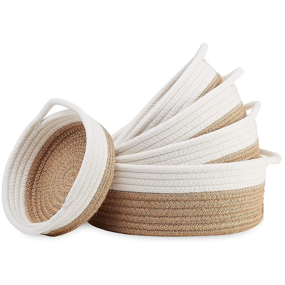 

5-Piece Round Small Woven Baskets Set - 100% Natural Cotton Rope Baskets Key Tray Kids Toys Bowl