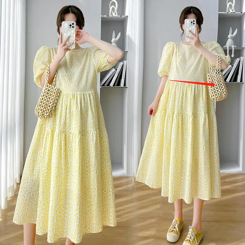 

Длинное летнее платье для беременных с круглым вырезом и коротким рукавом