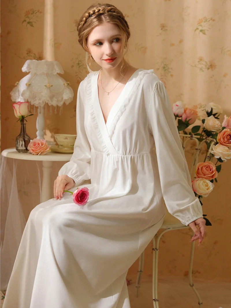 

Женское ночное платье принцессы на весну и осень, милая хлопковая одежда для сна с оборками и V-образным вырезом в винтажном стиле, пижама, ночные рубашки в викторианском стиле