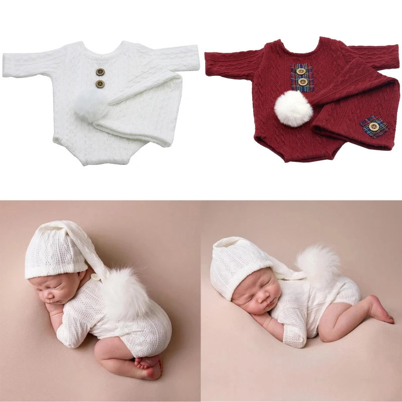 

Baby Knitted Cotton Hat & Long Sleeves Knitwear Newborns Photo Props Baby Photoshoot Outfit Infant Skin-Friendly Suit