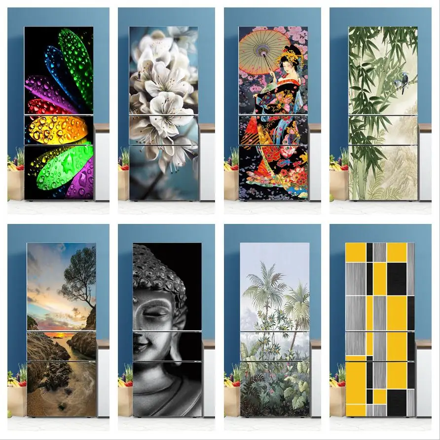 

Refrigerator Sticker 3D Self-adhesive Kitchen Decoration Wallpaper Fridge Door Cover Flower Bamboo Poster Buddha Decal For Home