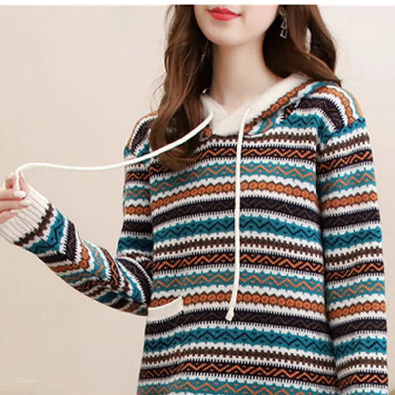 Длинные свитера для женщин мода 2025 года с длинным рукавом в полоску элегантный