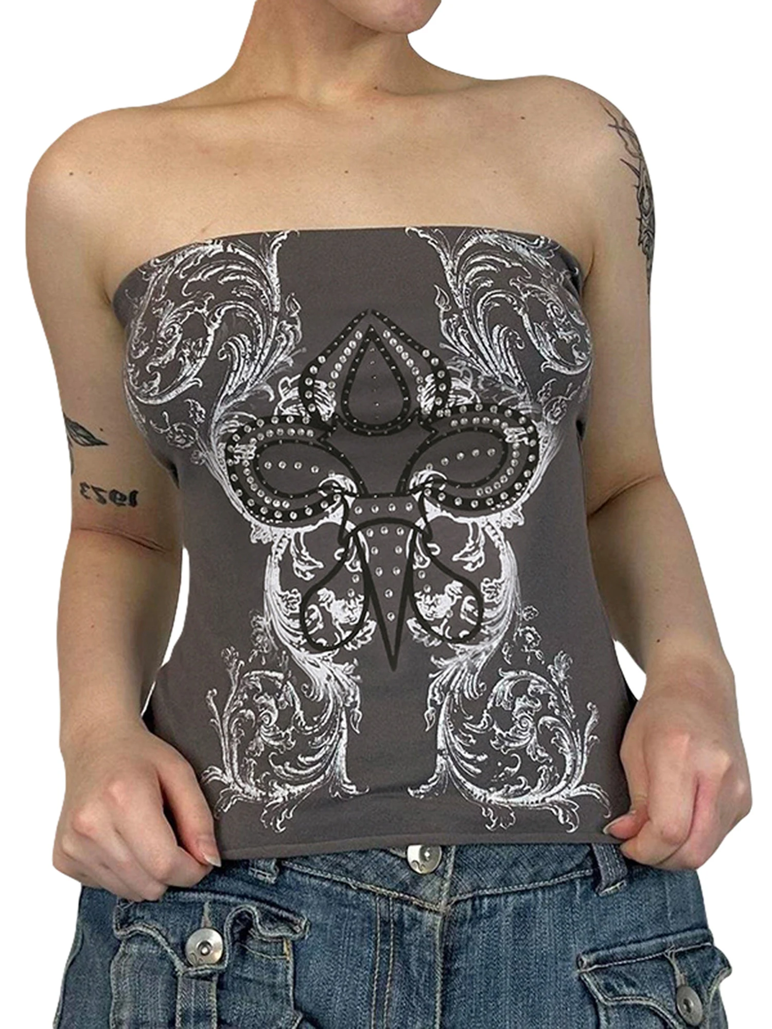 

Vintage Rhinestone Embellished Strapless Crop Top for Women - Y2K Tube Style with a Retro Twist Sleeveless and Backless