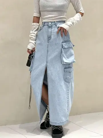 Юбка GUUZYUVIZ женская джинсовая с карманами, шикарная винтажная длинная джинсовая юбка с разрезом, Повседневная Уличная одежда, весна-лето