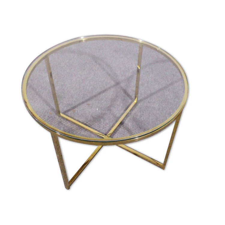 Living room modern glass top round coffee table sofa back side table with gold stainless steel legs