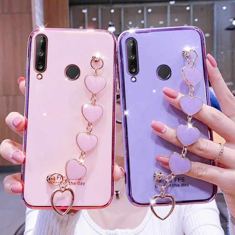 

Luxury Love Heart Wrist Chain Phone Case For Huawei P30Lite P20 P40 Mate 20 20X 30 Y6P Y7P Y7A Y9Prime Y9S Plating Bumper Cover