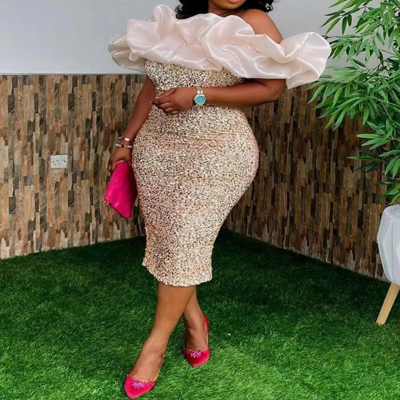 

Women's Sexy Off Shoulder Sequined Bodycon Dress Elegant Patchwork Backless Ruffles Slash Neck Evening Party Dress 2023