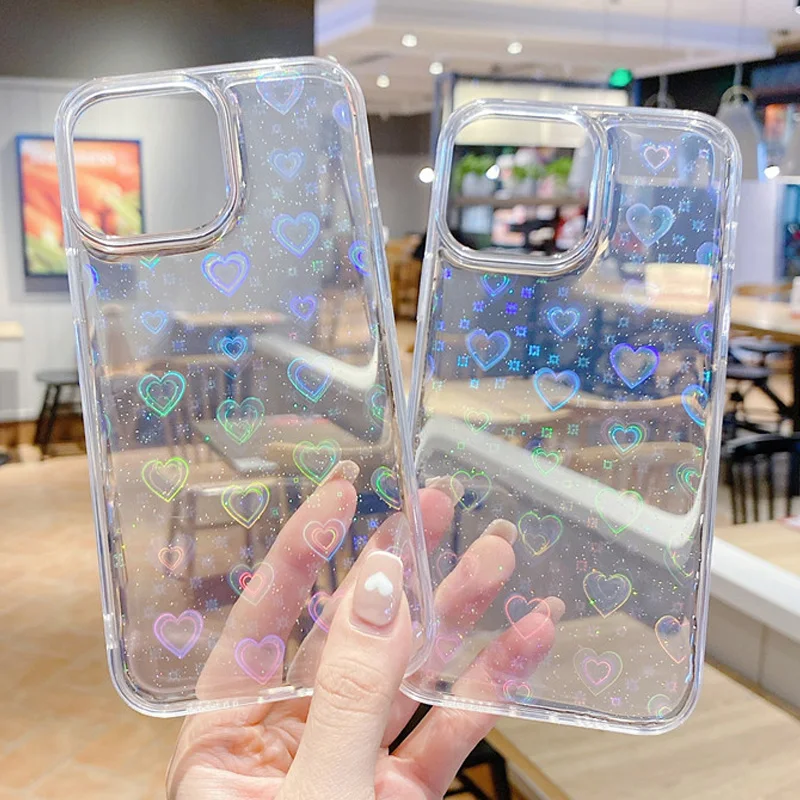 

Glitter Love Heart Laser Phone Case For iphone 14 13 12 11 Pro XS Max SE 2020 8 7 Plus XR X Silicone Soft TPU Clear Back Cover