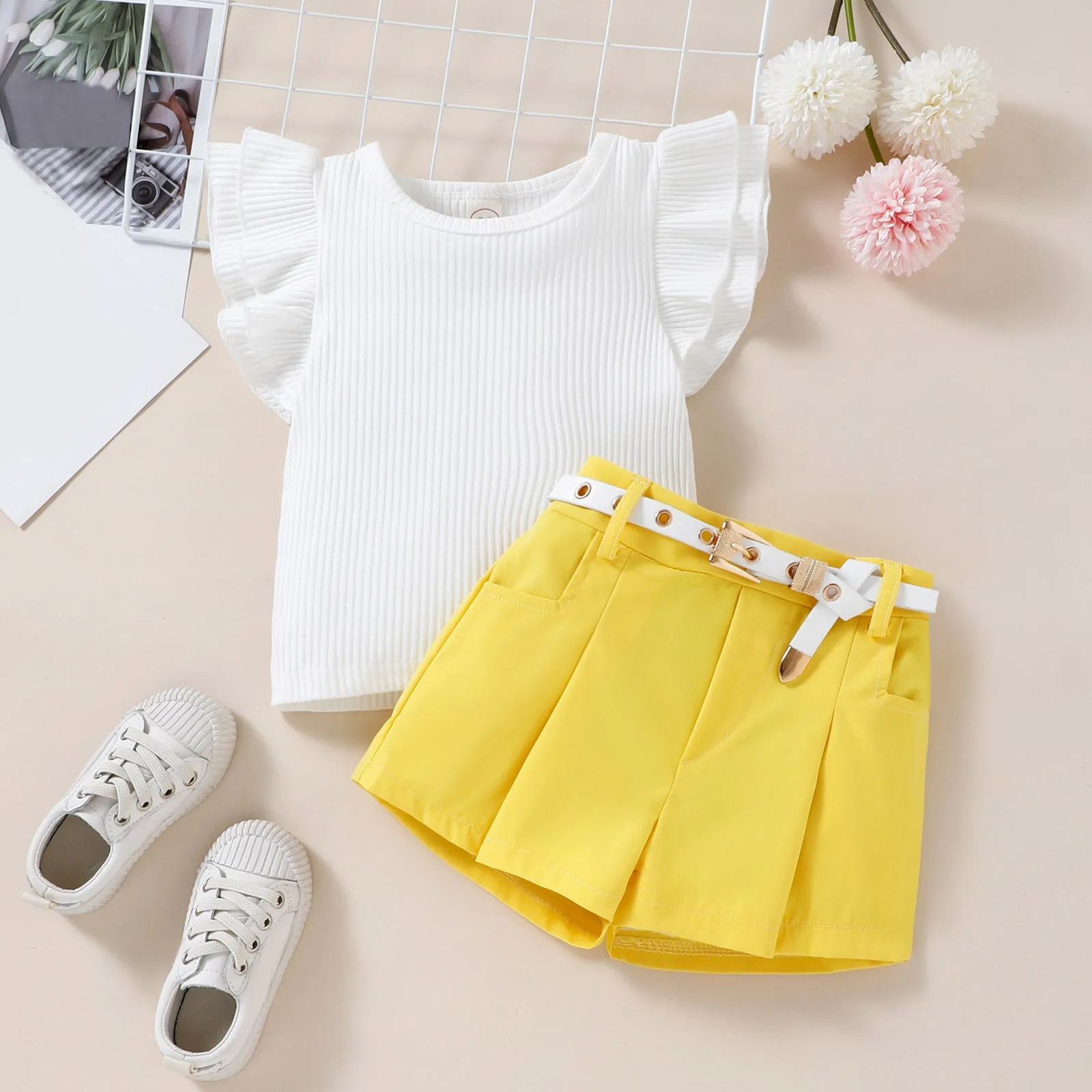 

Summer Toddler Girls Ruffles Fly Sleeve Solid Ribbed Tops T Shirt Shorts Belt Outfits Teen Girl Sweatpants And Hoodies