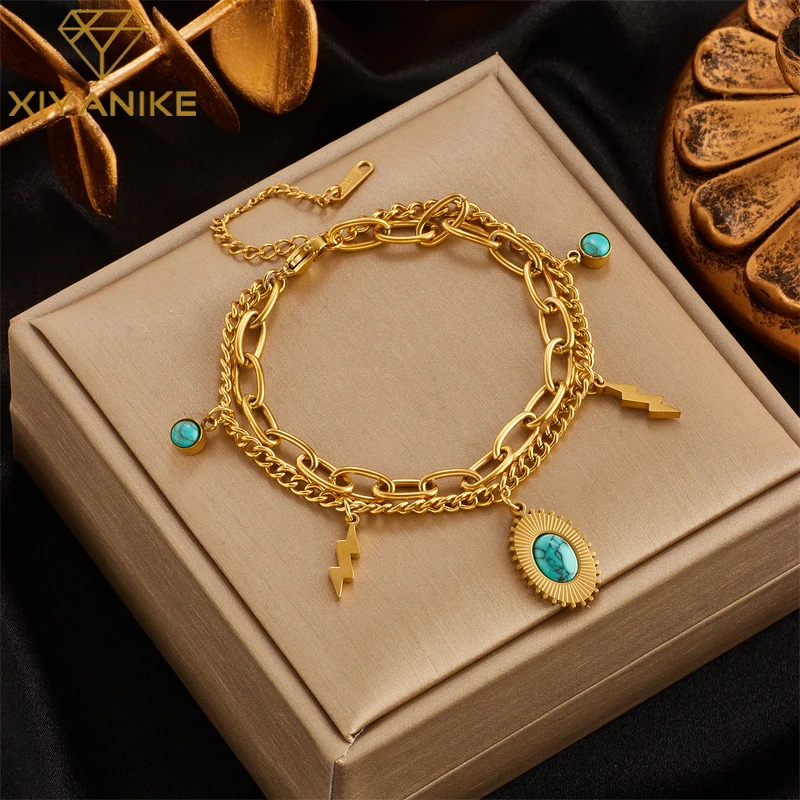 

XIYANIKE 316L Stainless Steel Woman Bracelet Vintage Style Green Oval Enamel Decoration Bracelets Women Gold Color Lady Jewelry
