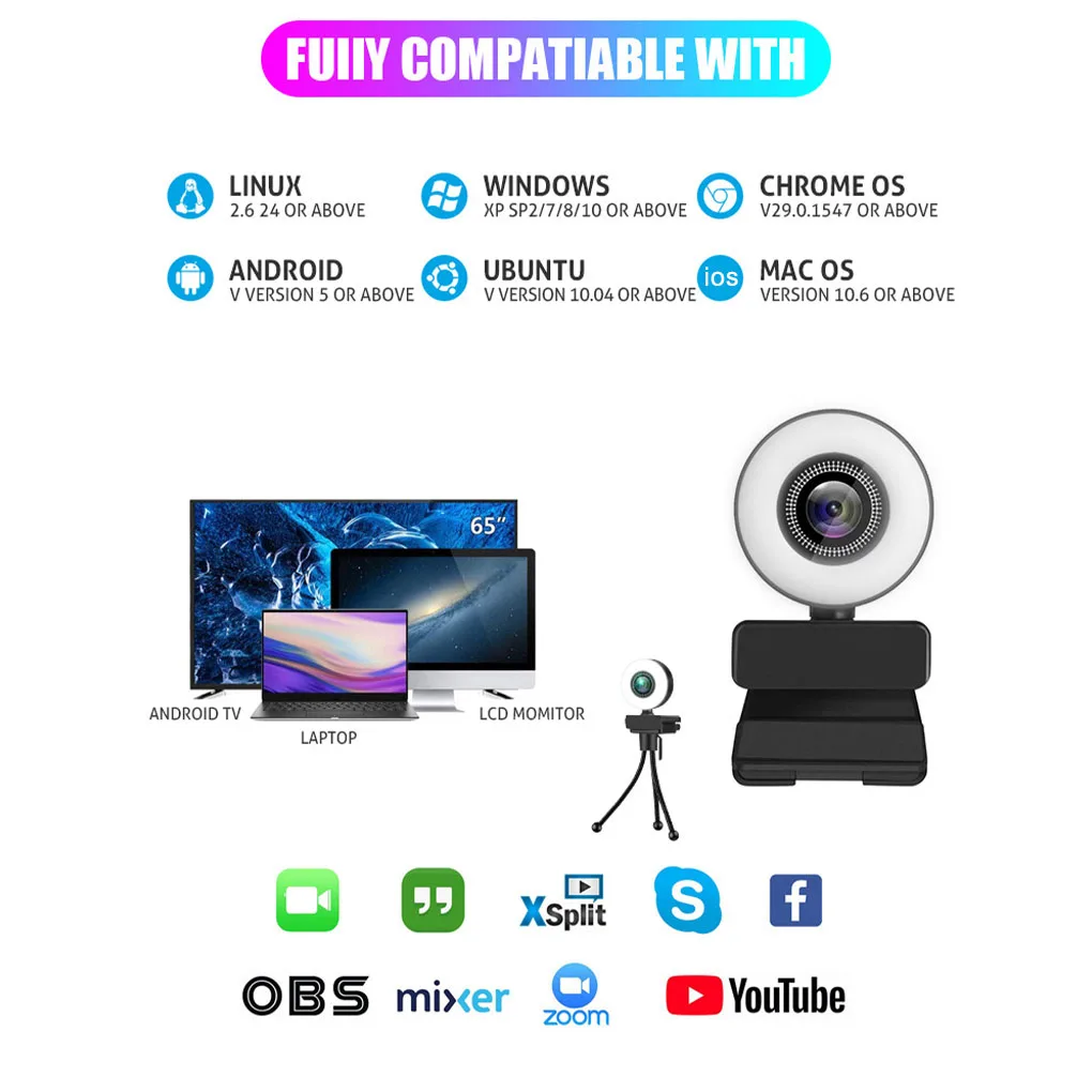 

Webcam Computer USB Camera Webcam with Microphone for Online Meeting Chatting 2K Fixed Focus 3 Levels Dimmable
