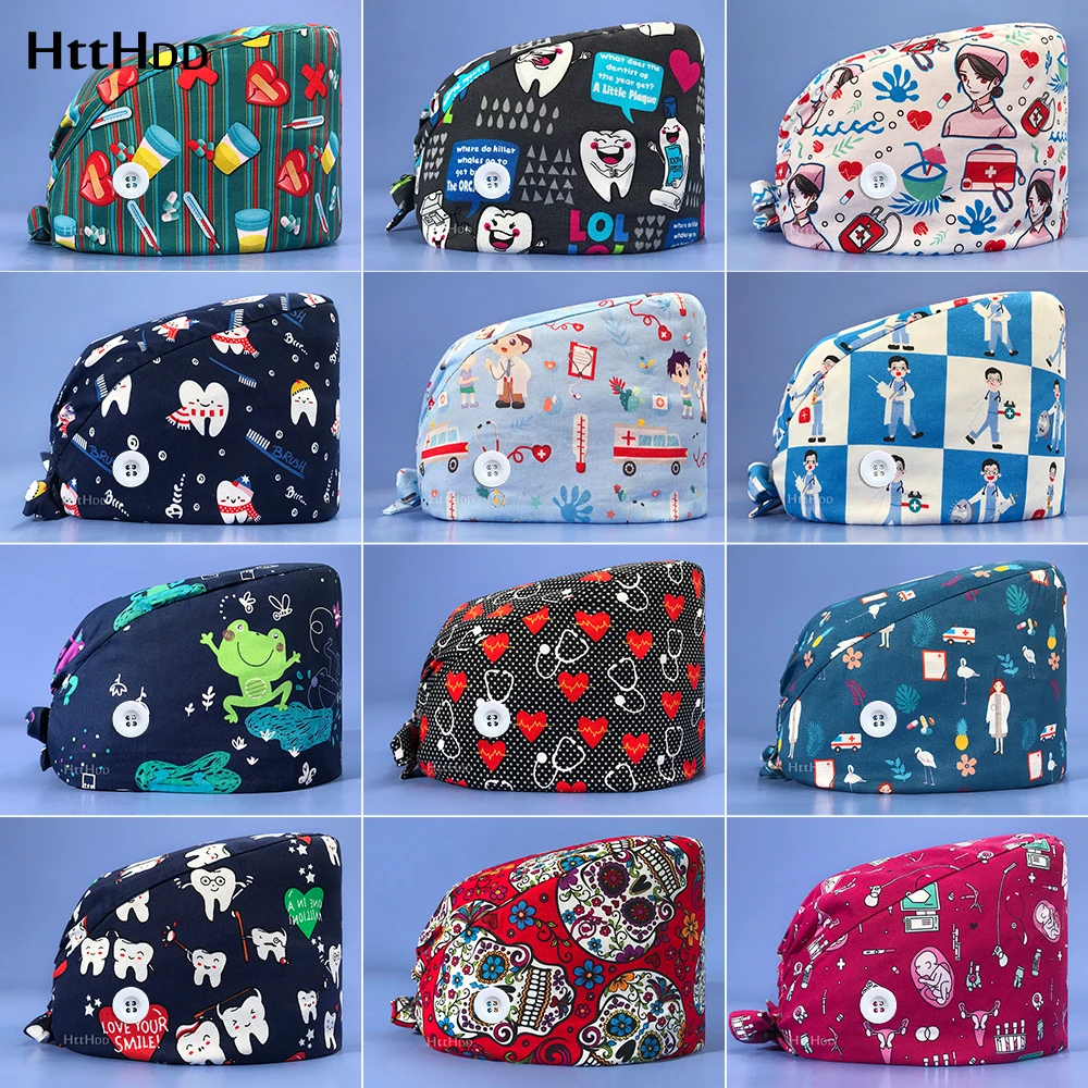 

Wholesale Dentist Soft Hat Print Nurse Sweat-absorbent Head Wrap Towel Surgical Anti-Dirty Pure Cotton Cap with Button Scrub Cap